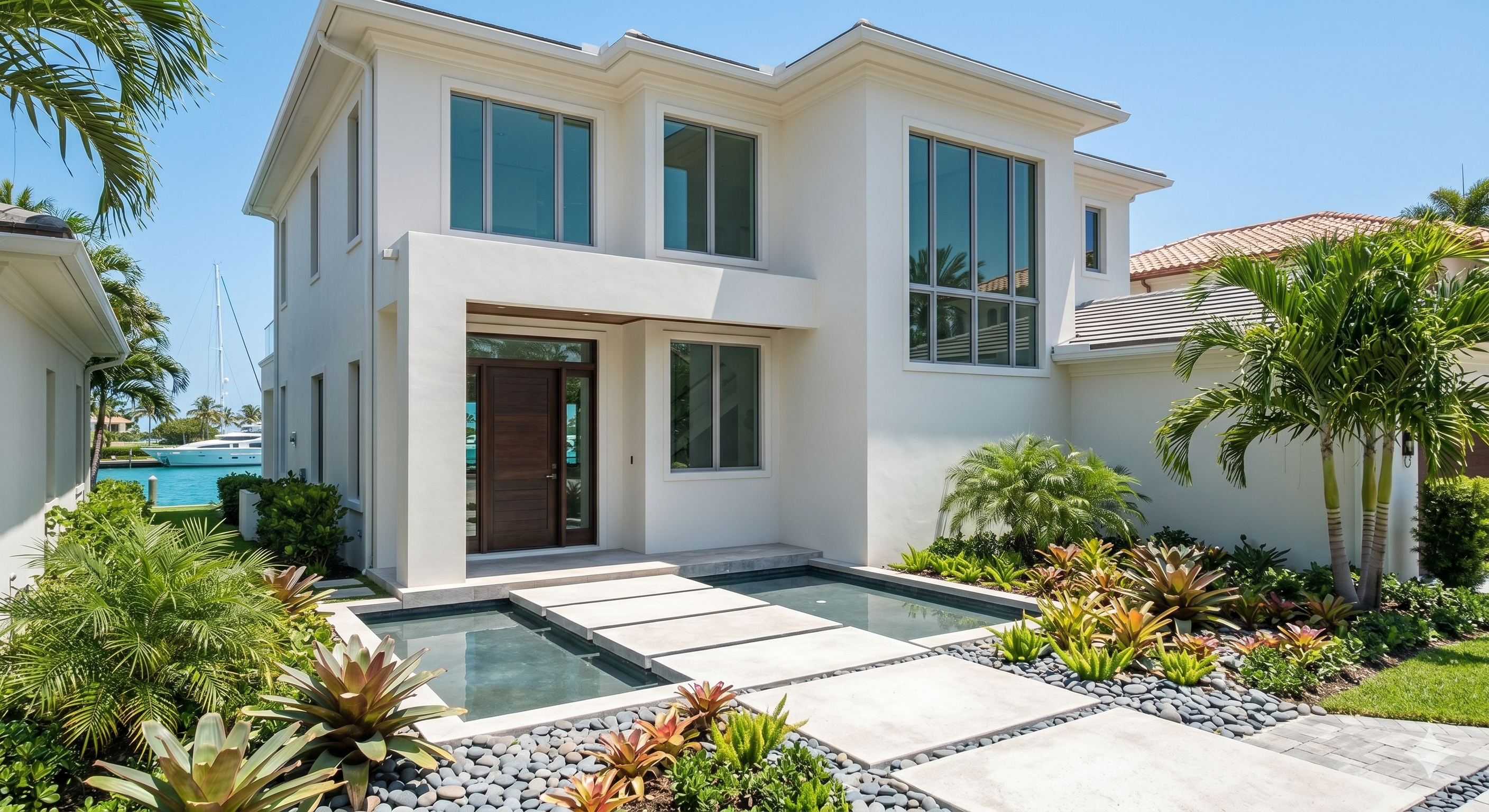 Luxury Florida property exterior with crisp architectural lines